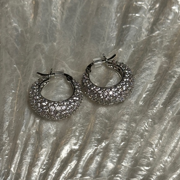 Silver Sparkling Hoop Earrings with Pavé Crystals - Picture 5 of 5